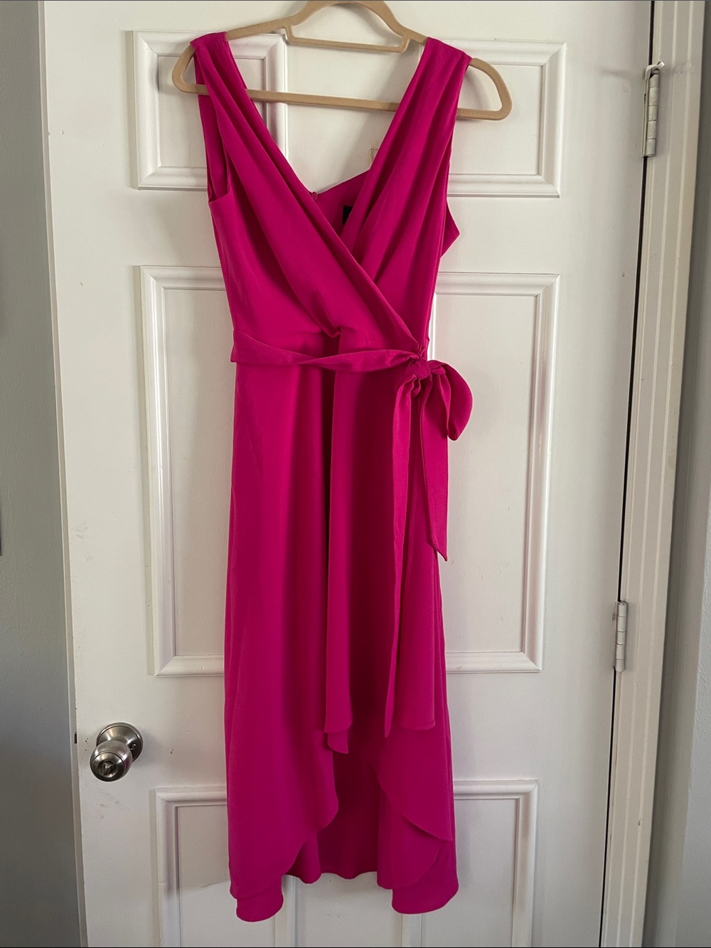 Hot Pink V Neck Wrap Sleeveless Cocktail Dress